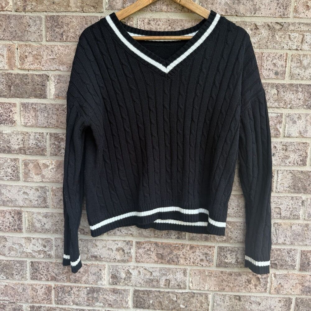 Preppy Cricket Cable Knit Pullover Sweater Black White Stripe Oversized M Slouch